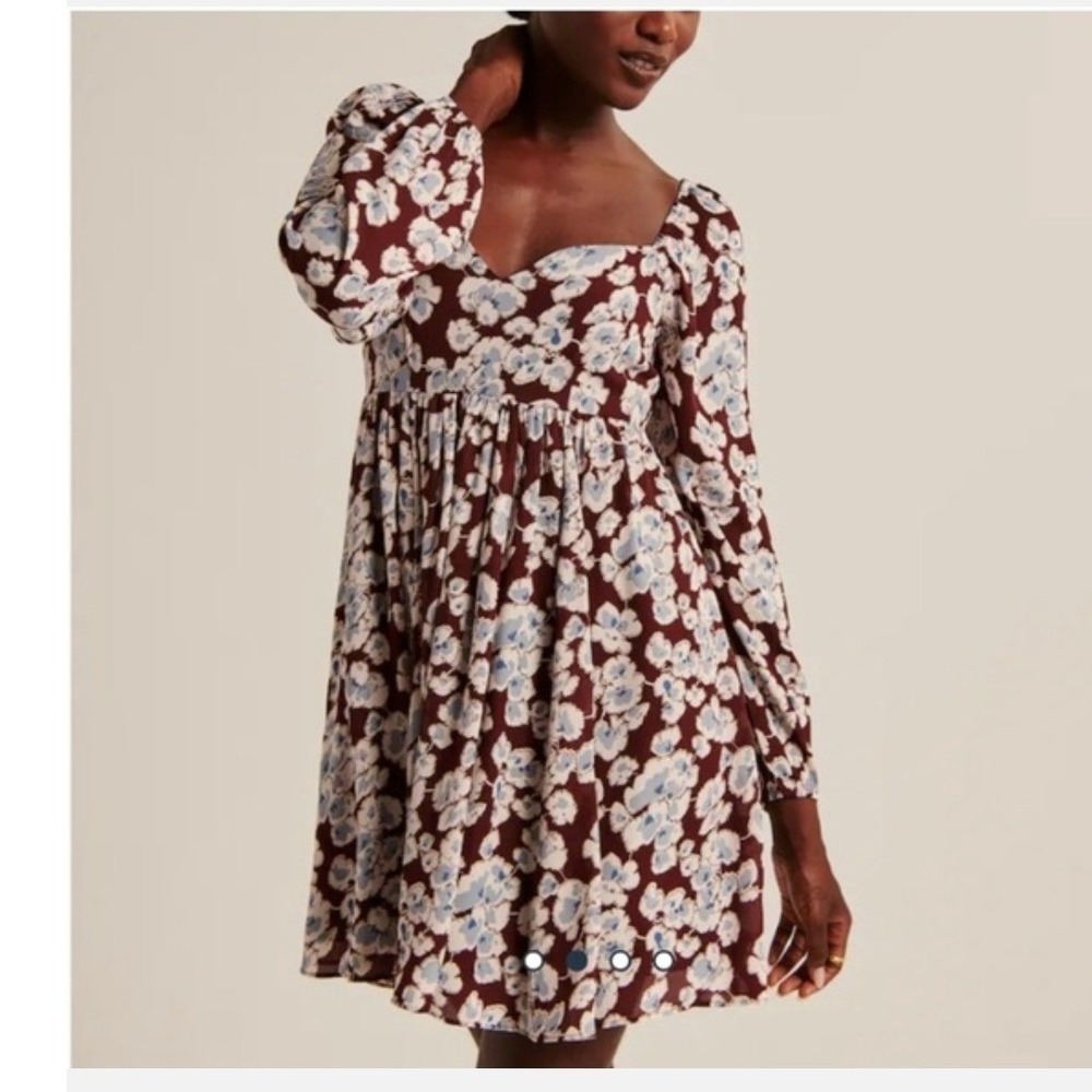 Abercrombie & Fitch Burgundy Floral Long Sleeve Smocked Babydoll Mini Dress L